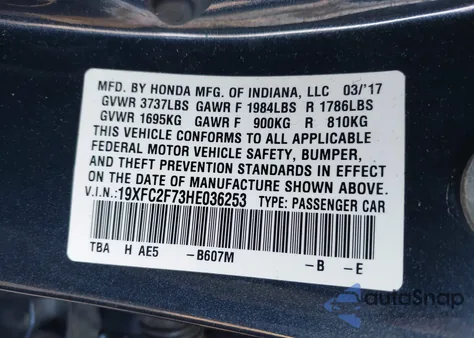 2017 Honda Civic Ex from USA, damaged, VIN 19XFC2F73HE036253